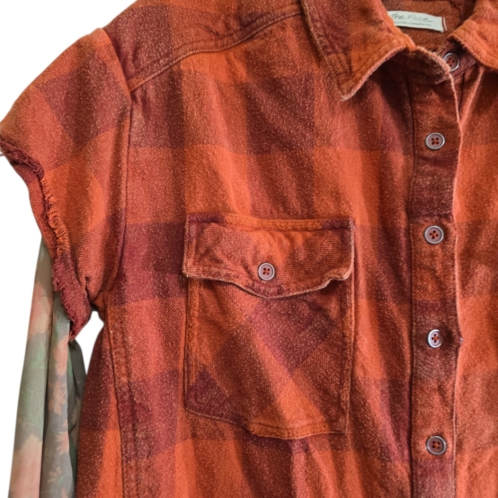 Free People Flower Fields Twofer Flannel Top Sheer Floral Sleeves Small Orange - Picture 7 of 11
